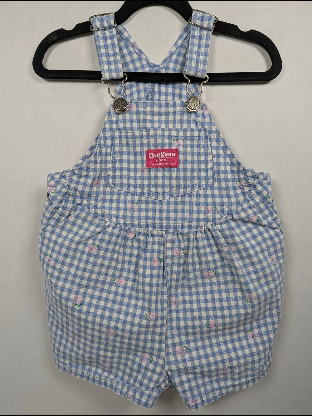 VTG 80s 90s OshKosh B'Gosh Vestback Overalls Shorts Floral Gingham Size 2T USA
